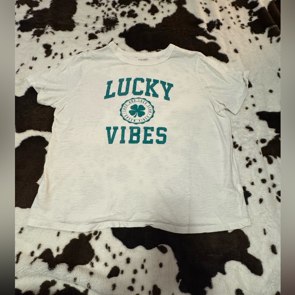 Old Navy White Tee with Teal 'Lucky Vibes' Print